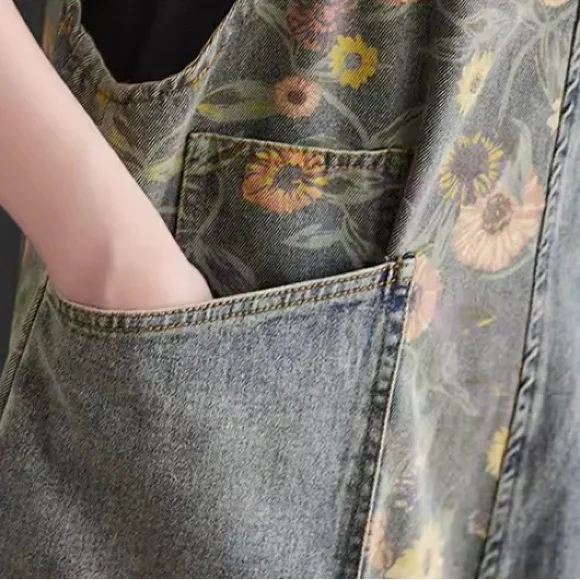 Women Print Floral Denim Overalls Casual Loose Size M Jumpsuit Wide Leg Pants - Picture 10 of 15